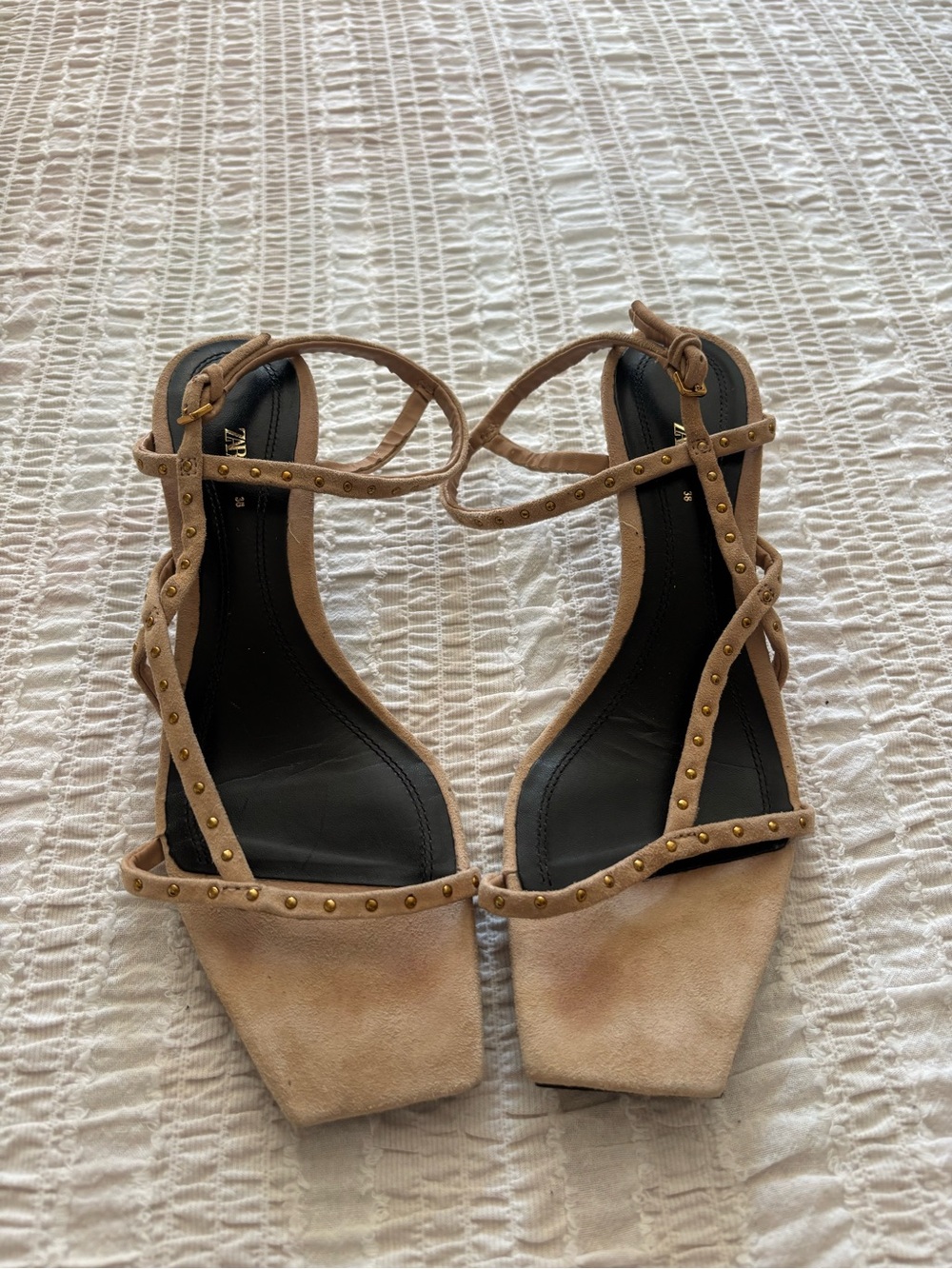 Zara Nude Studded Suede Strappy Sandals